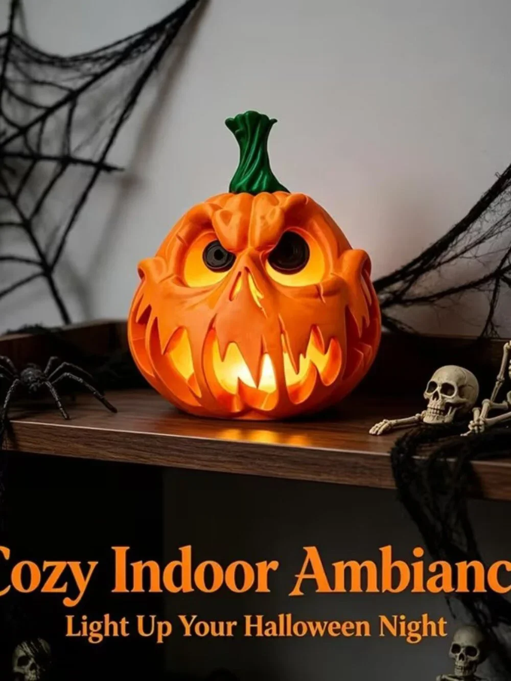Halloween Pumpkin Resin Decor Goth Skull w Weird Facial Feature Lights Up